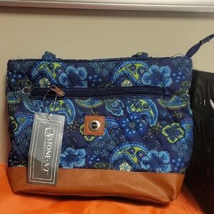 Stone & Co. NWT Blue Paisley print shoulder Bag with Brown & Green Accents purse